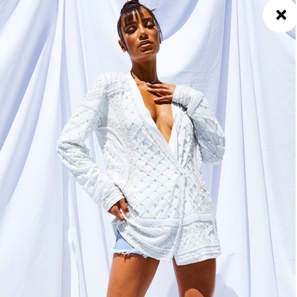 “PRETTY LITTLE THING” Pearl Embellished Oversized Jacket - Picture 1 of 16